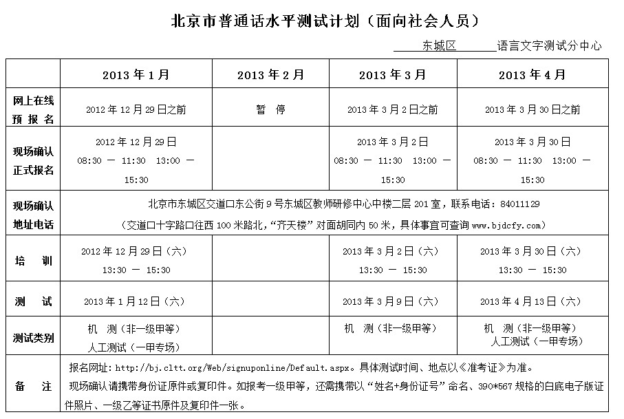 2013年1-4月北京普通话等级考试报名时间