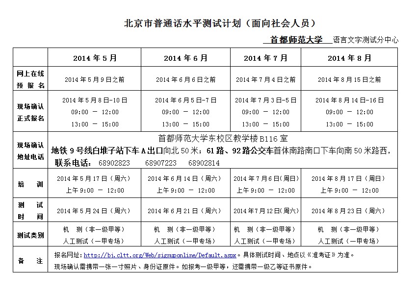 首师大2014年7月北京普通话等级考试时间