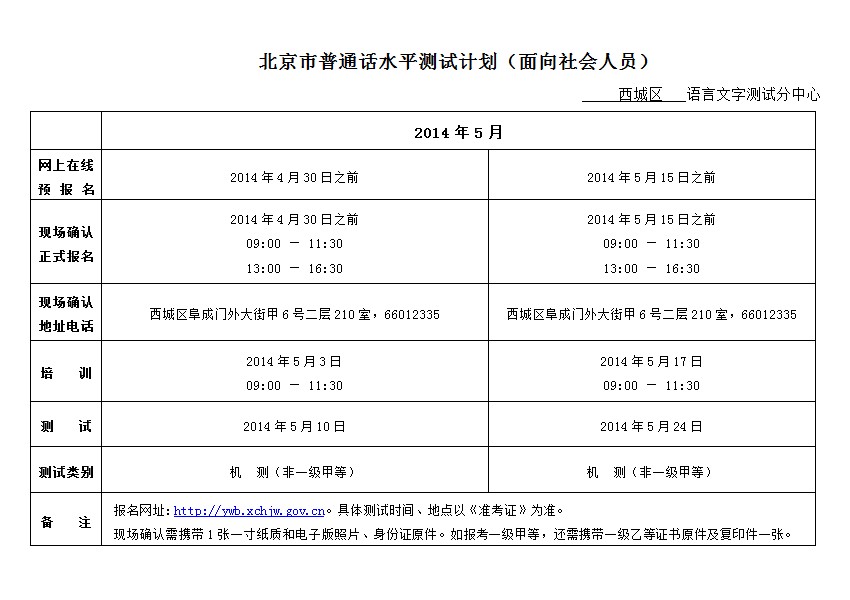 2014年6月北京普通话等级测试报名时间（面向社会人员)
