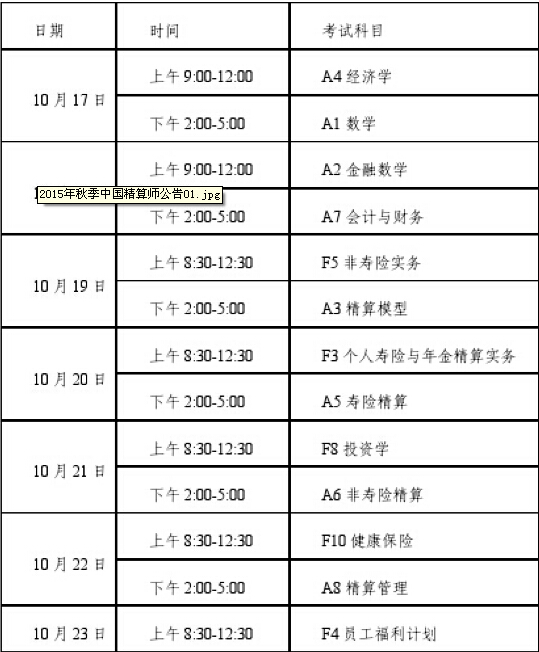 2015年秋季精算师考试时间安排