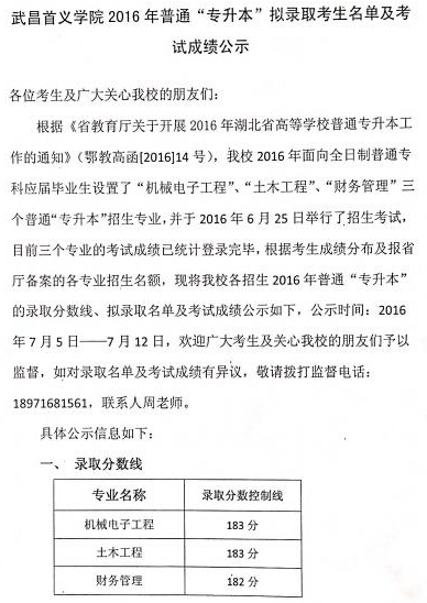 武昌首义开云kaiyun(中国)院2016年专升本拟录取名单及考试成绩公示（湖北）