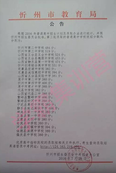2016山西忻州中考分数线（第三批次高中）